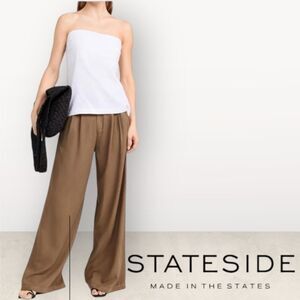 Stateside Women 100% Brown Linen High Rise Pleated Wide Leg Pants Sz S Made USA